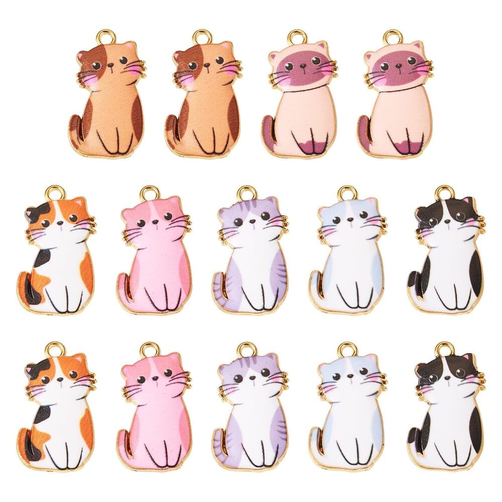 5417 14Pcs Enamel Cat Charms for Jewelry Making Colorful Cute Pet Dangle